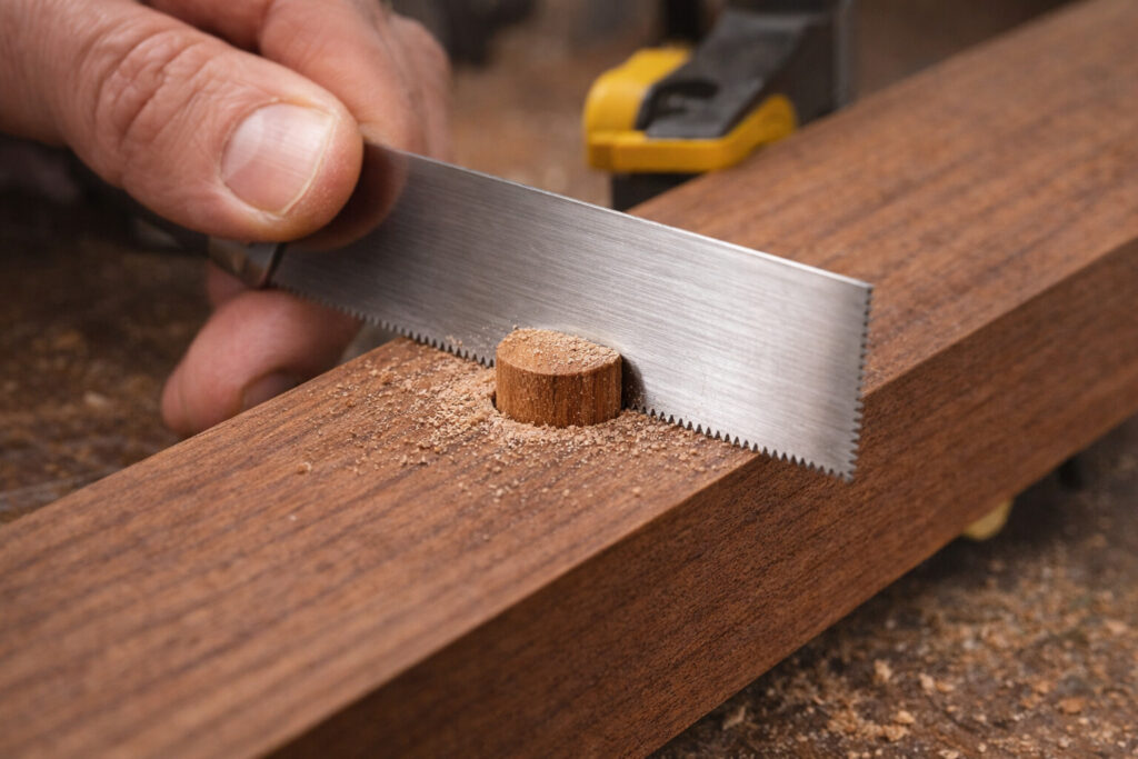 Hands trimming a wooden plug flush with a flush-cut saw on a tray stand base, ready for final sanding.
