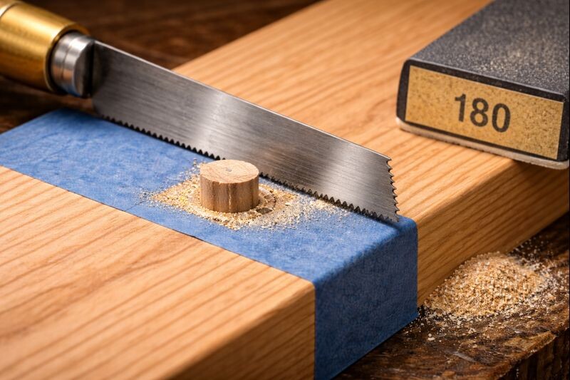 flush trimming and sanding a plug repair on wood