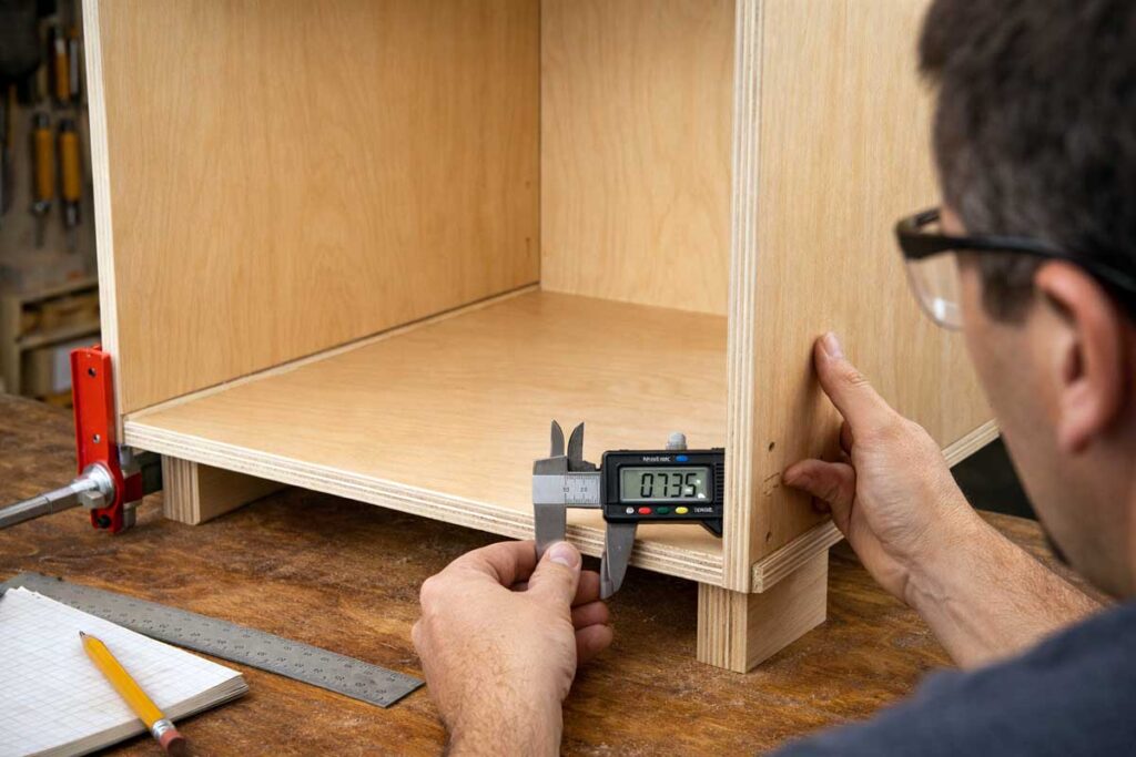 cabinet side panel seated in dado with clamps and square