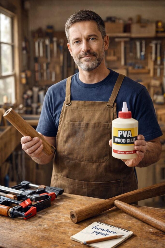 woodworker choosing wood glue for chair repair
