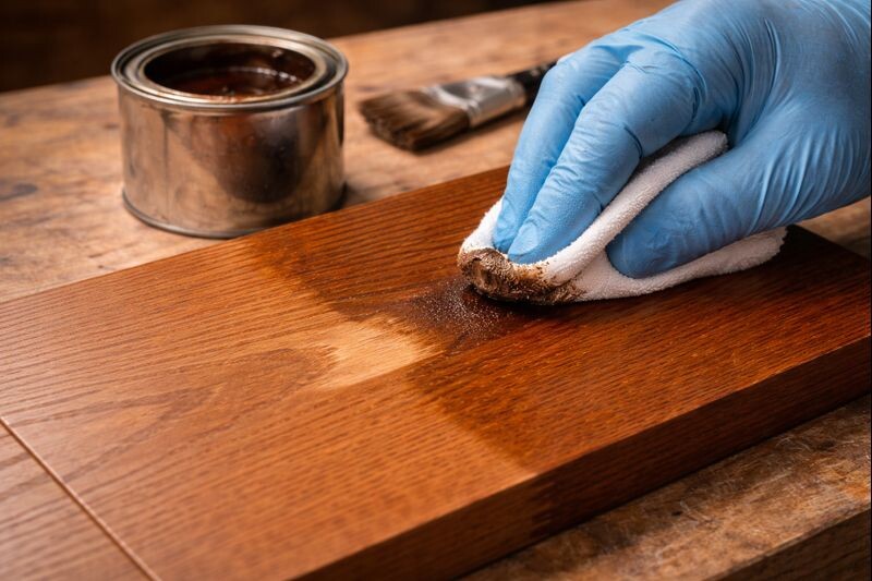 gel stain being blended over a pale glue halo on stained wood