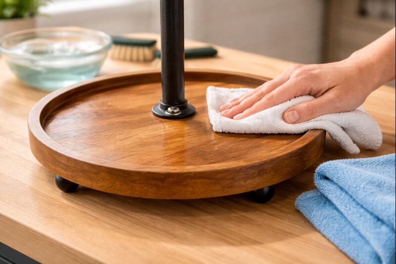 hands using damp cloth to wipe a sealed wood tier