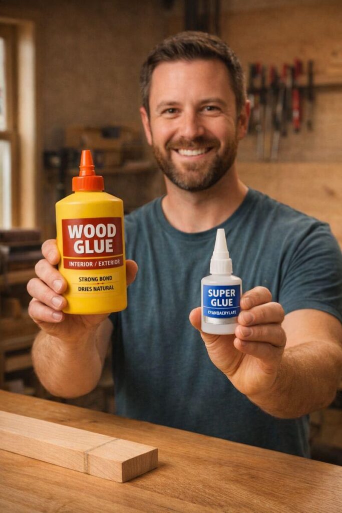woodworker holding two adhesive bottles