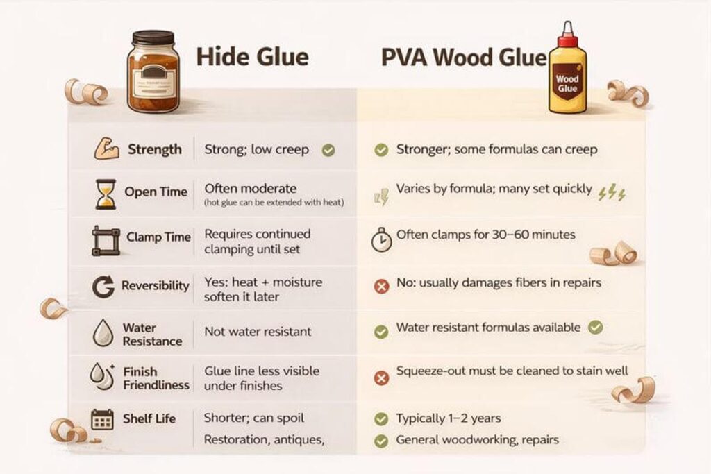 simple chart comparing hide glue and PVA glue features