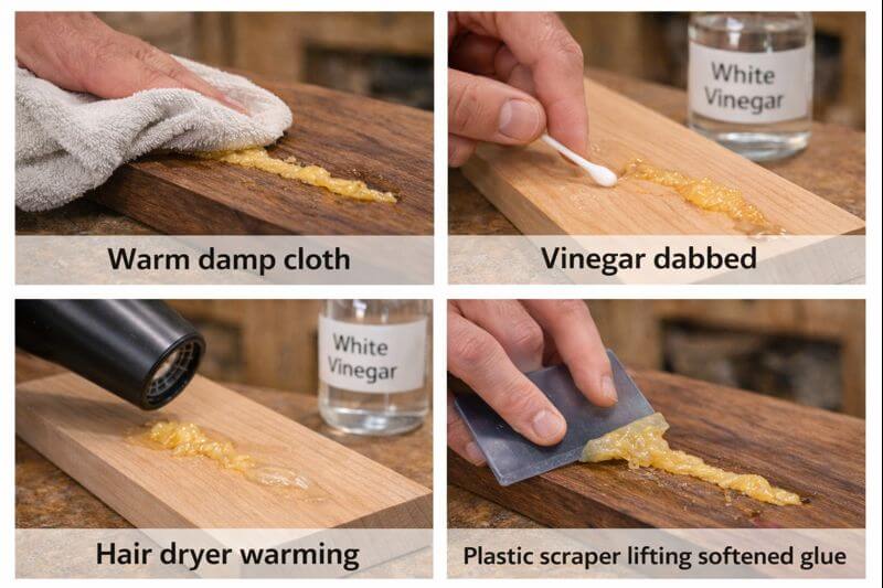 four step collage showing cloth vinegar heat and scraping