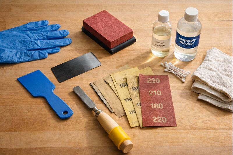 wood glue cleanup tools on a workbench