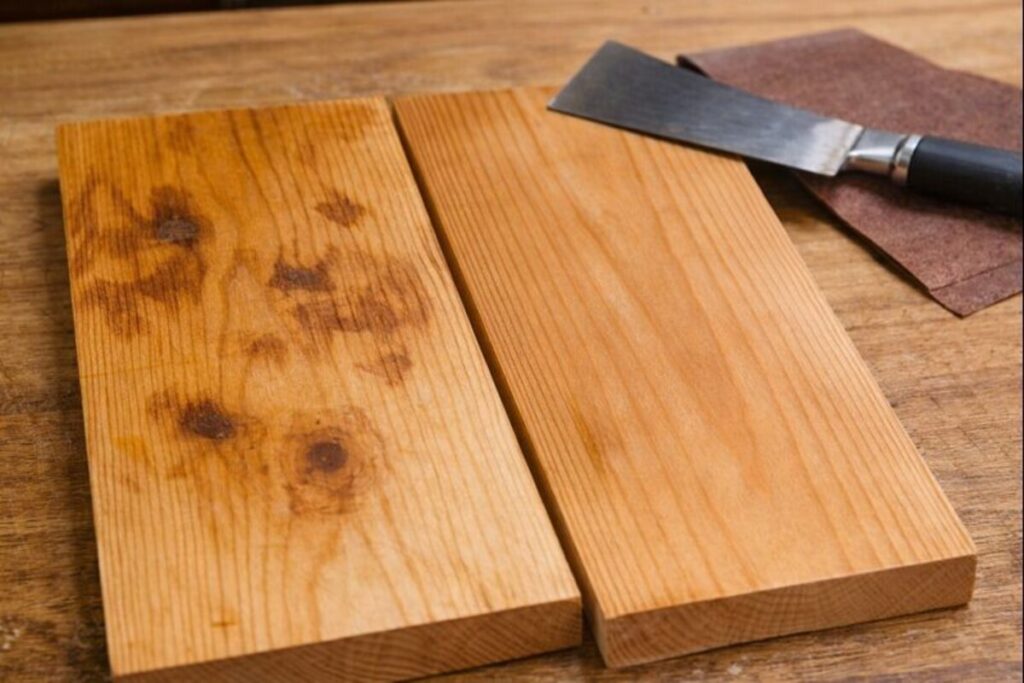 stain blotches caused by glue residue compared to clean wood