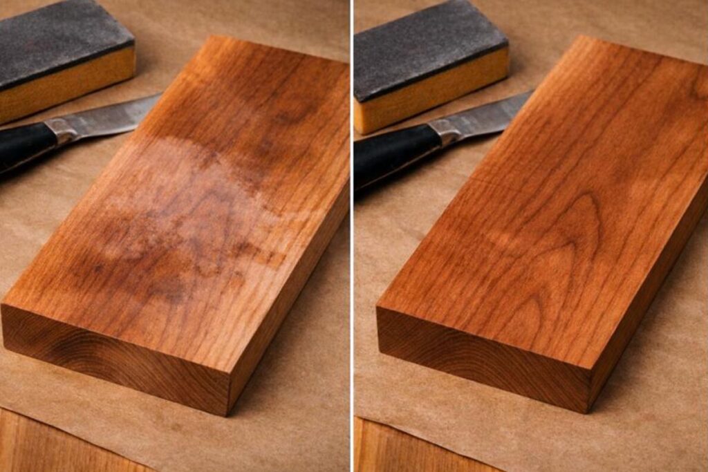 side by side boards showing blotchy stain from glue versus clean stain