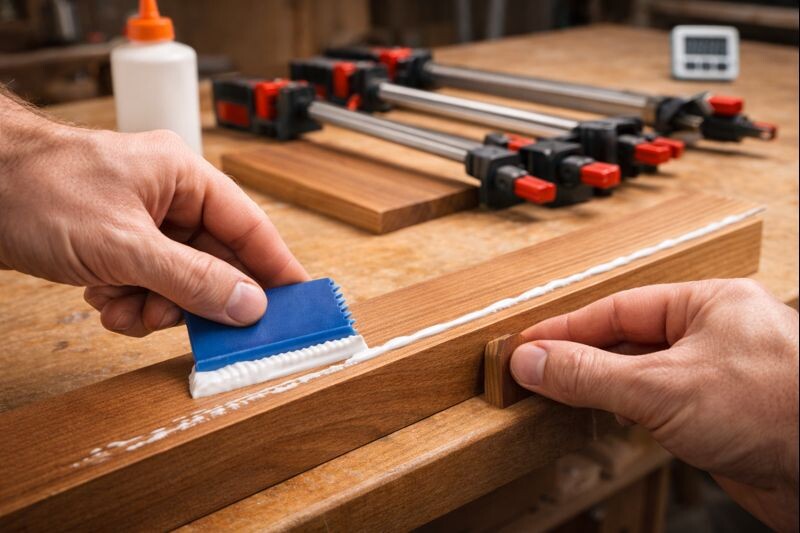 hands spreading wood glue evenly before clamping boards