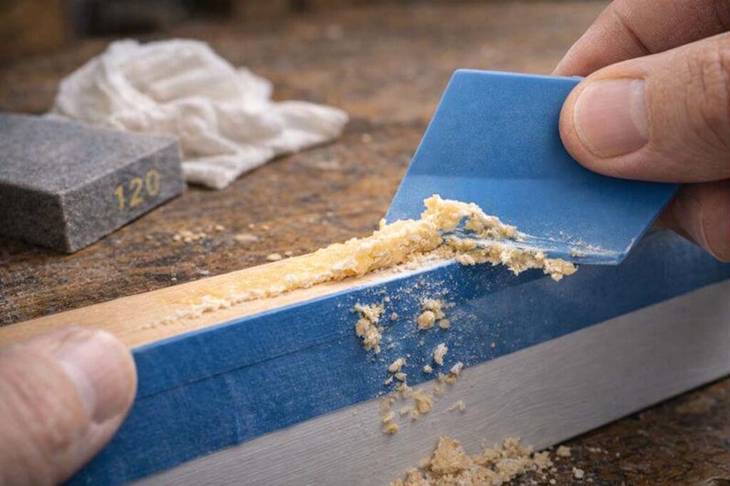 scraping dried glue from painted edge cleanly