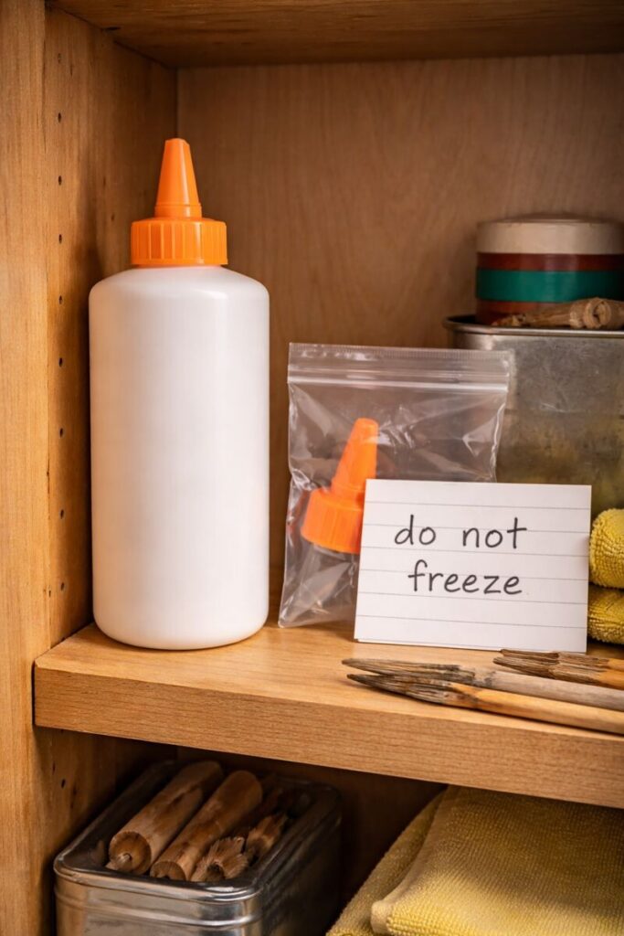 wood glue bottle stored upright in shop cabinet with cap sealed