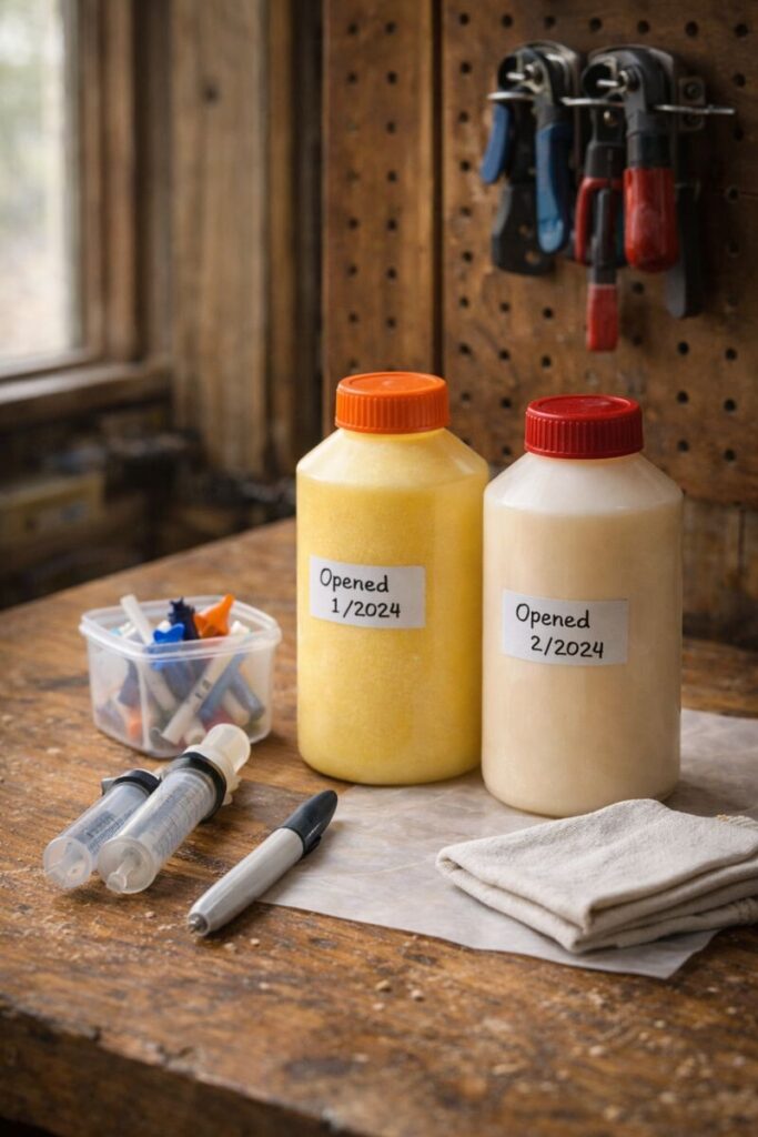 tidy glue station with dated bottles and clean nozzle tools