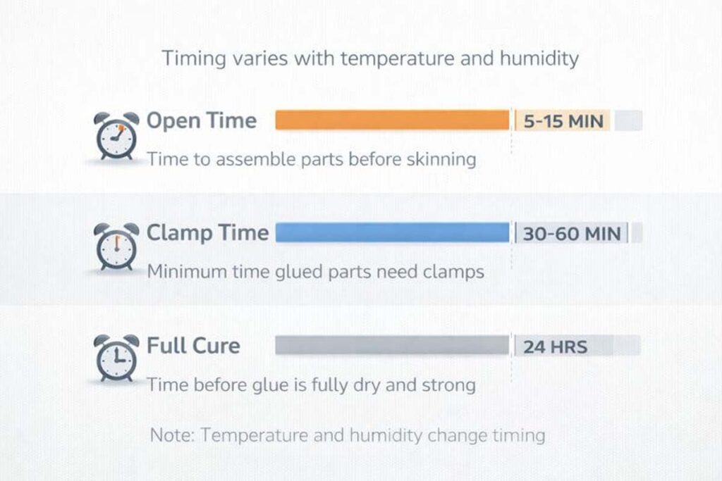 timeline showing open time clamp time and full cure
