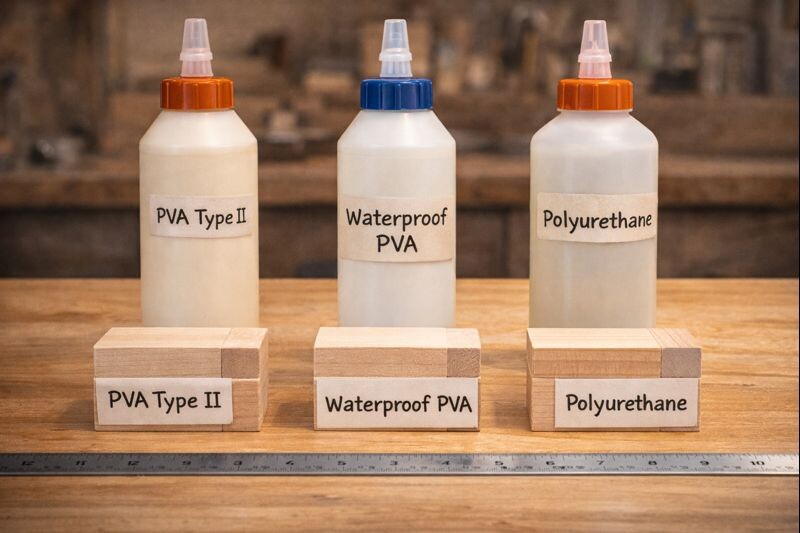 Different glue categories labeled for woodworking comparison