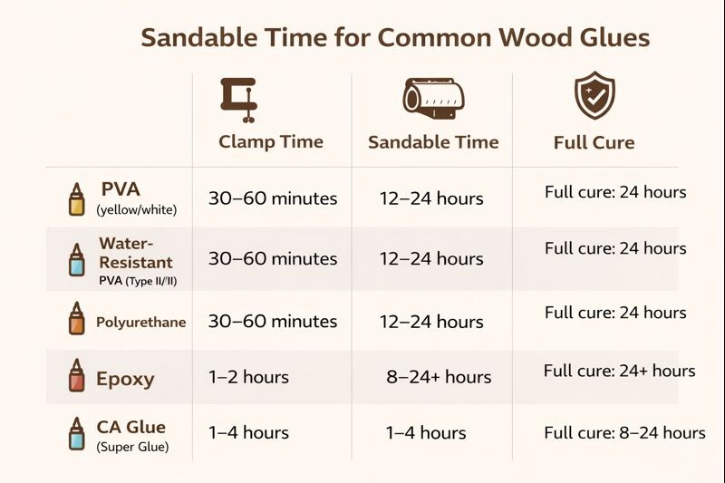 chart comparing sandable time for common wood glues