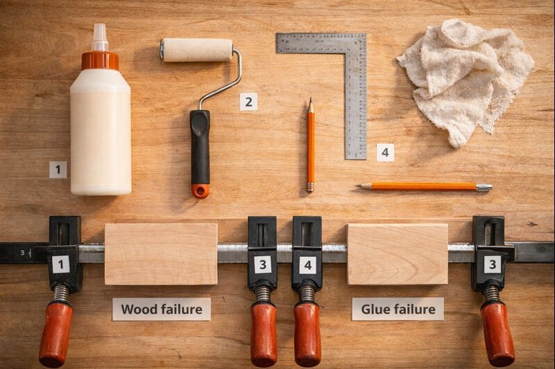 Wood glue clamping tools laid out for a clean assembly