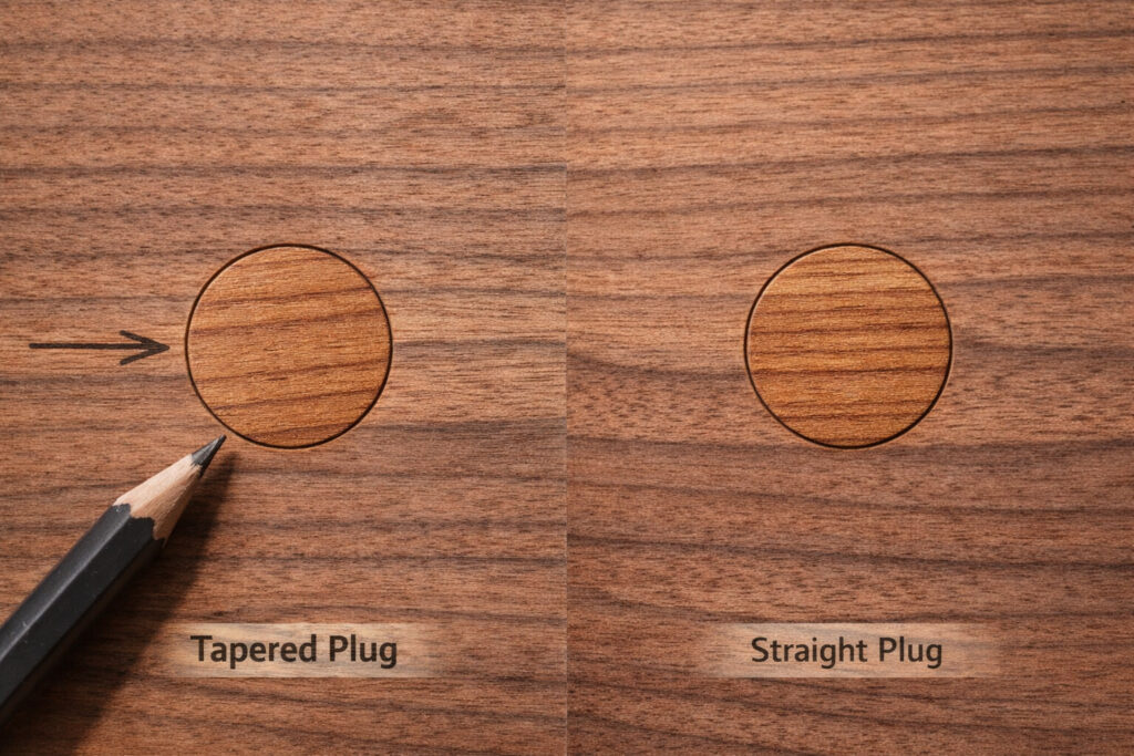 Top-down comparison showing one plug grain aligned to the board and another rotated wrong so it stands out.