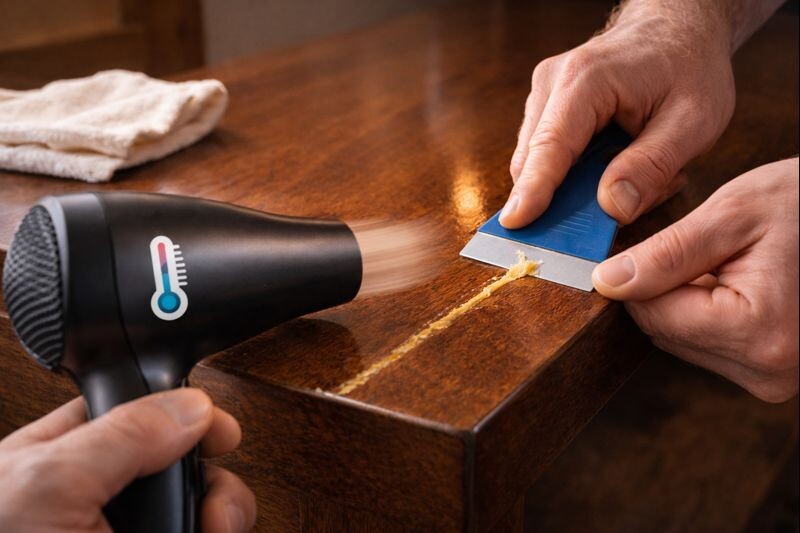 warming dried glue on finished wood with a hair dryer