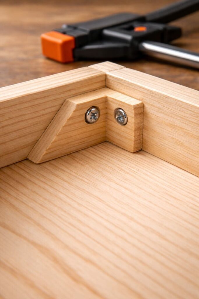 Interior corner block fastened from underneath to secure a tray base, keeping screws off the visible face for a cleaner look.