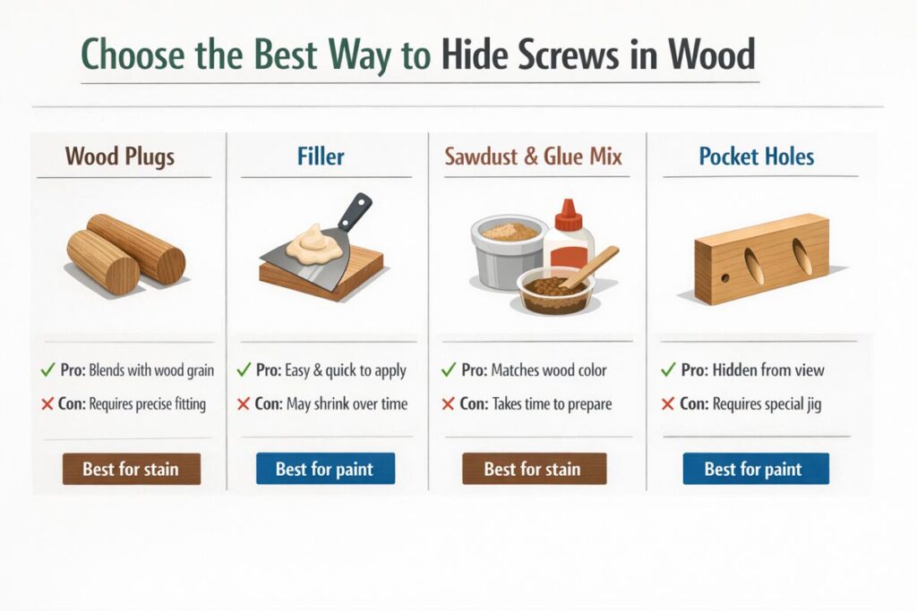 Infographic showing which screw-hiding method to choose for paint or stain, with quick pros, cons, and best-use examples.