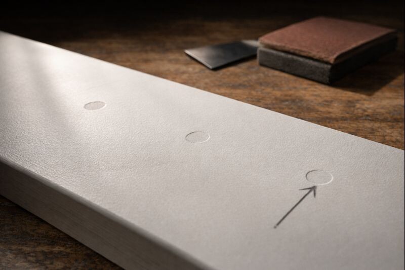 Primed board with filled screw holes under raking light, showing a smooth surface ready for paint without dips or shadows.