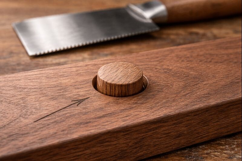 Close-up of a wood plug tapped into a counterbore before trimming flush, showing clean edges and matching grain.