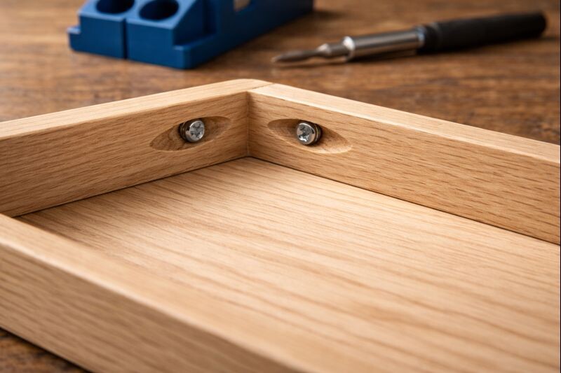 Underside of a small tray showing pocket holes placed on a hidden face, with pocket screws installed neatly for a clean top surface.