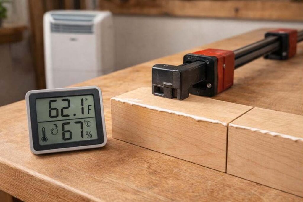 hygrometer and thermometer near glue up showing shop conditions