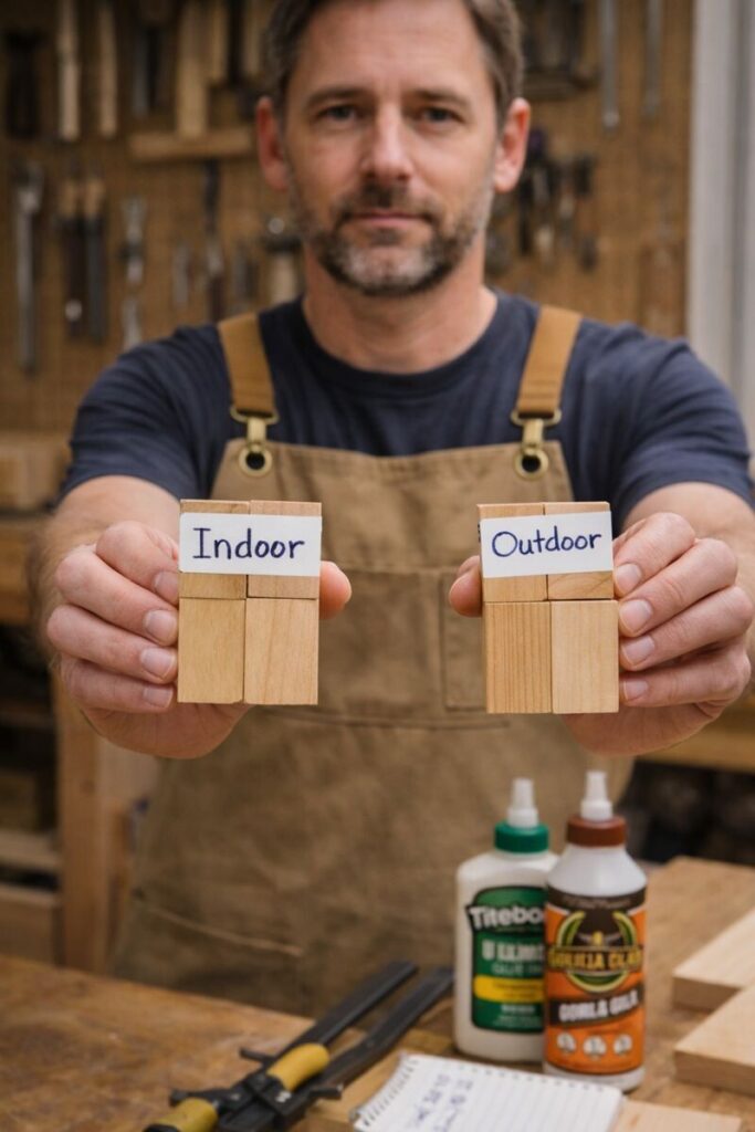 woodworker holding indoor and outdoor test joints for glue choice
