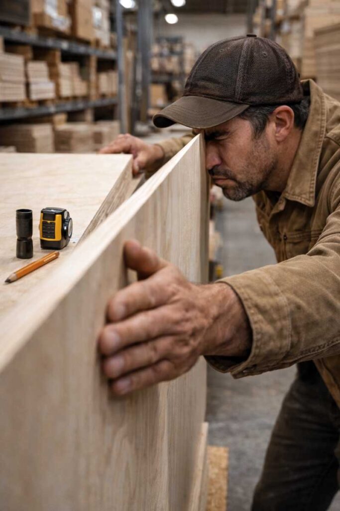 person checking plywood sheet flatness at lumberyard rack