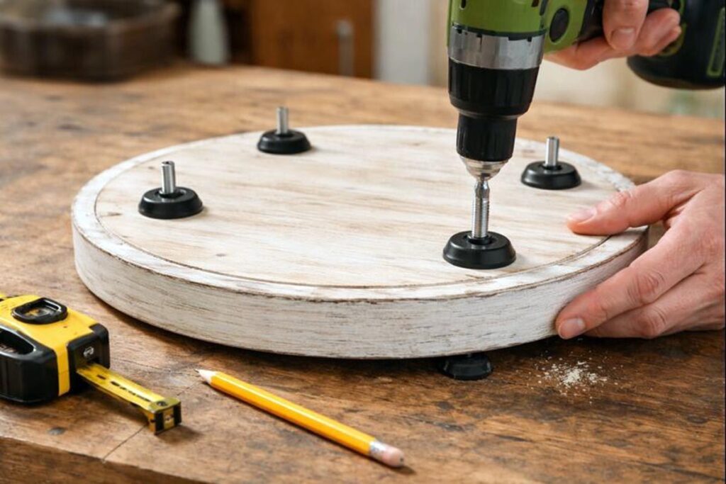 adding screw in leveling feet to the underside of a wooden base