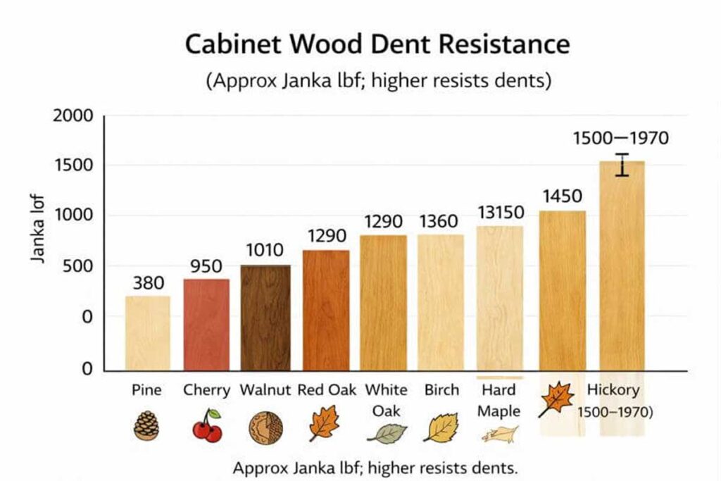 bar chart comparing cabinet wood dent resistance
