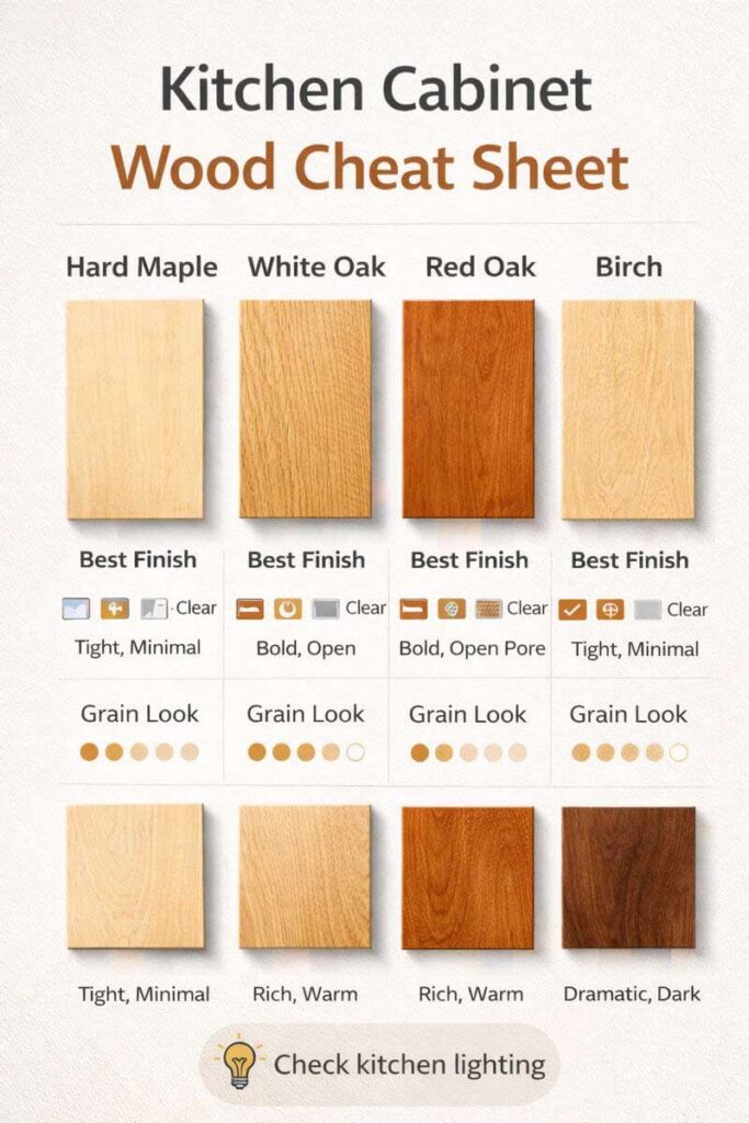 cabinet wood cheat sheet with finish and durability notes