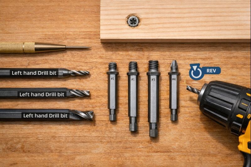 left hand drill bits and extractor beside a centered pilot hole