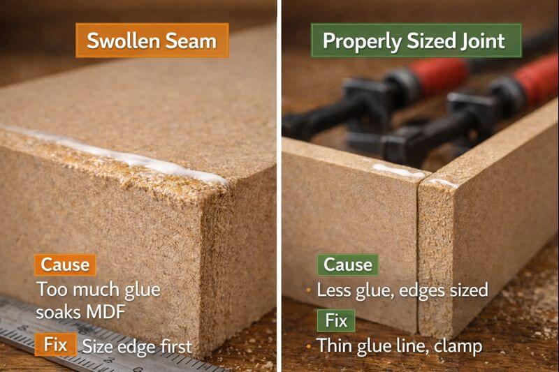 swollen mdf seam compared to properly glued edge joint