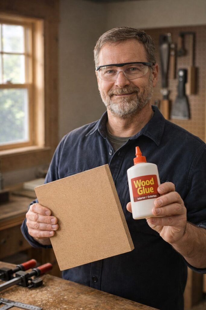 woodworker holding mdf panel and pva glue