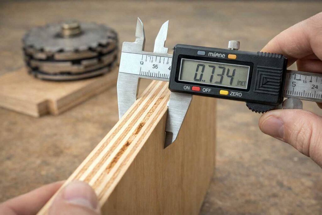 calipers measuring plywood thickness for accurate dado fit