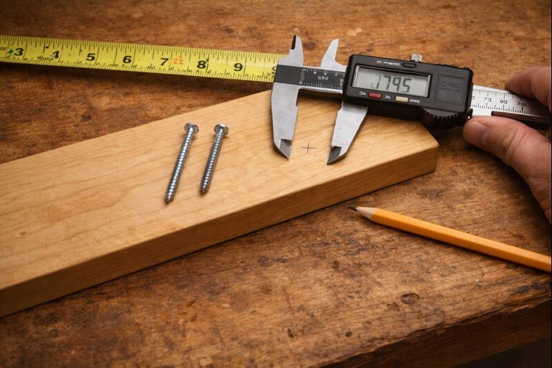 tape measure and calipers checking board thickness beside screws to prevent breakthrough on a wood project