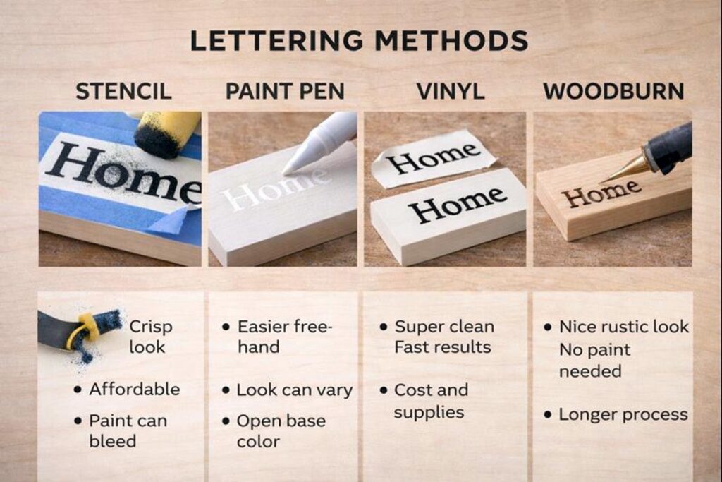 comparison of stencil paint pen vinyl and woodburn lettering for small signs