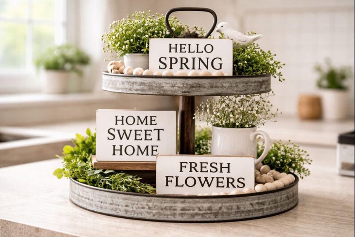 mini wooden signs for tiered trays on a farmhouse display