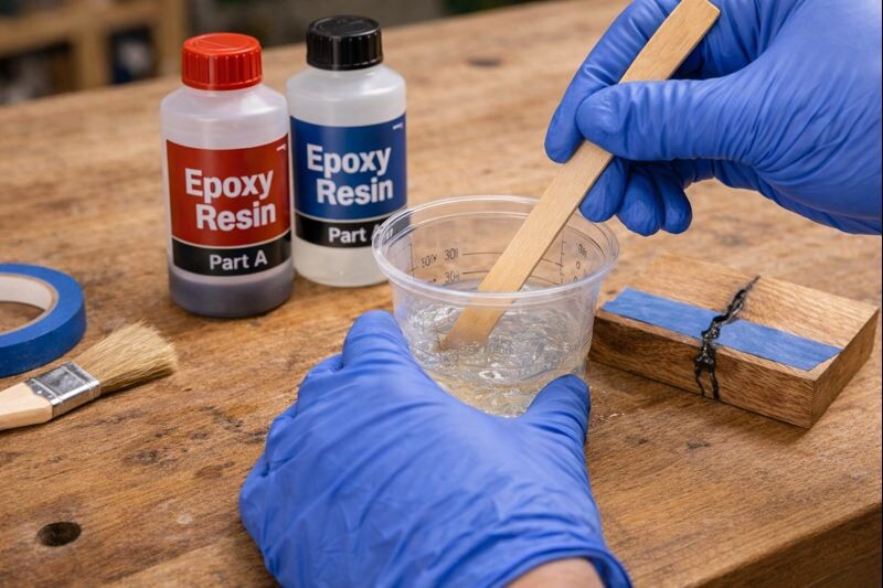 epoxy resin mixed in clear cup with stir stick
