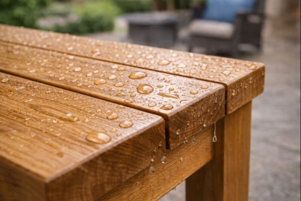 water beading on finished outdoor bench joint with sealed end grain