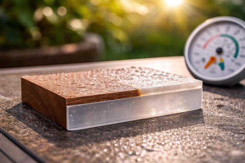 wood and plastic joint exposed to moisture and sunlight outdoors