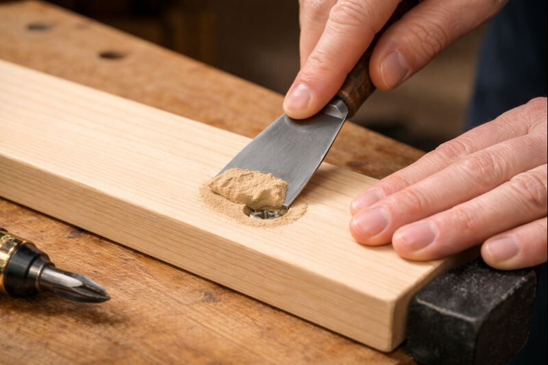Hands packing filler into a screw recess with a flexible putty knife on clamped pine, ready for a flush finish.