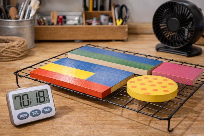 painted wood curing with airflow and humidity monitor