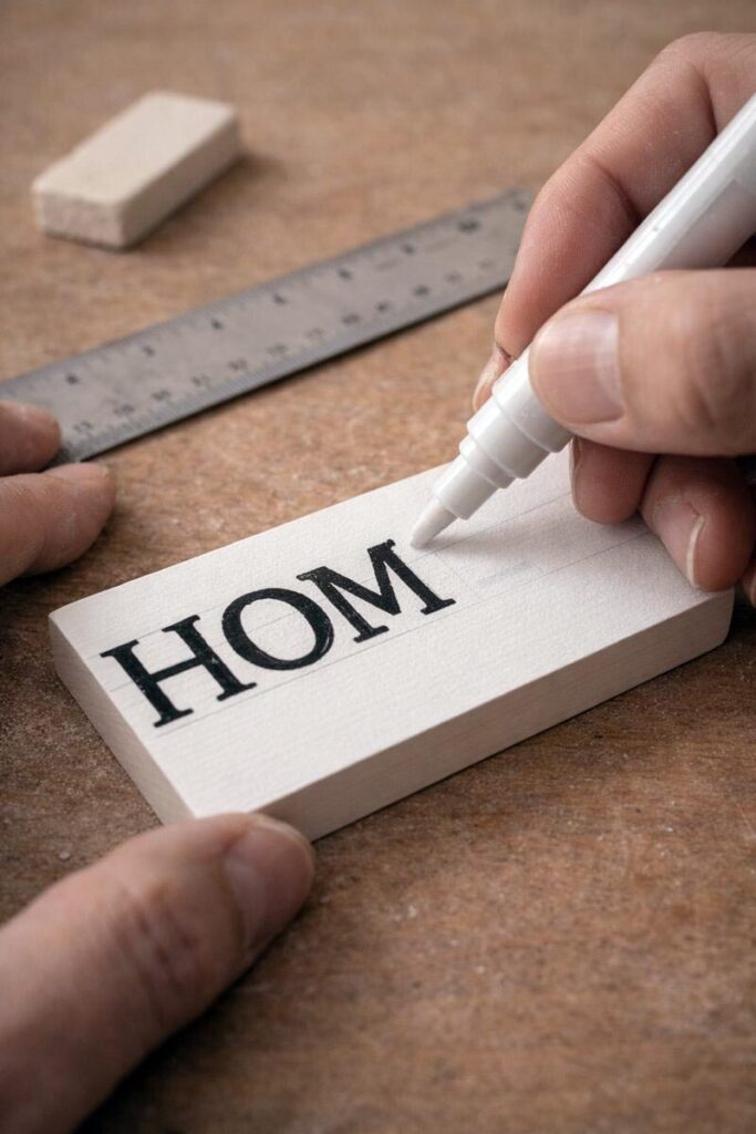 using pencil guidelines and a paint pen to letter a mini sign