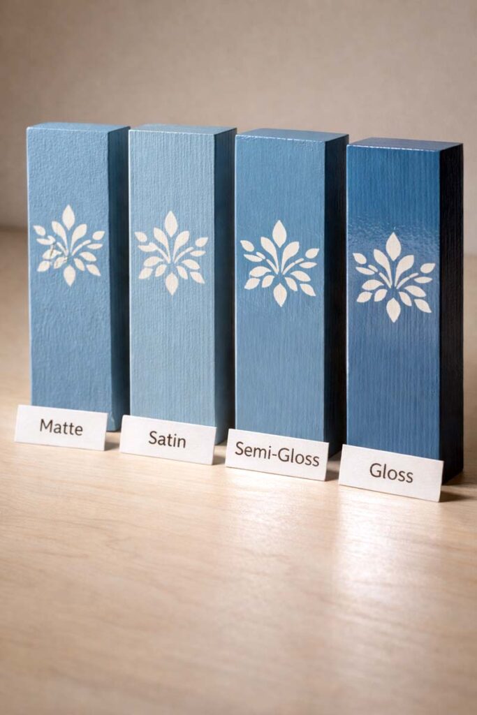matte satin semi gloss and gloss painted wood blocks comparison