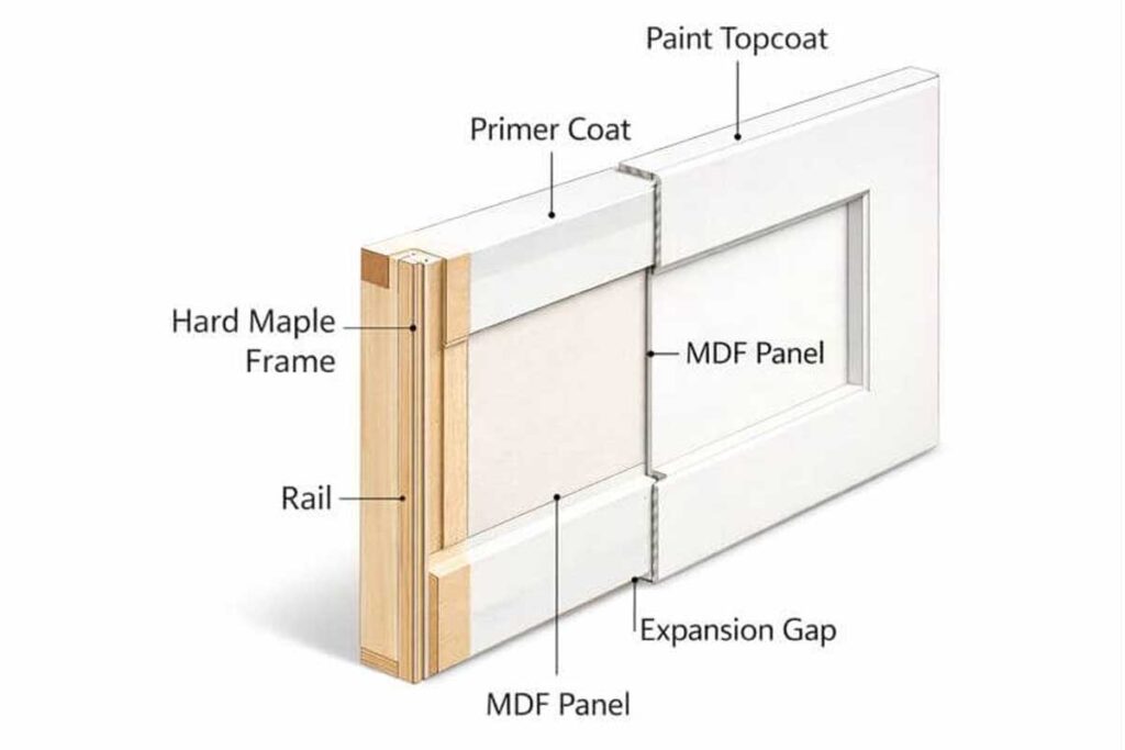 painted shaker door cross section with labeled parts