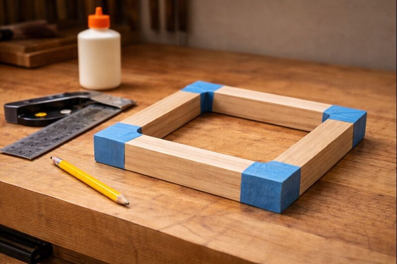 painter tape holding miter corners during glue-up