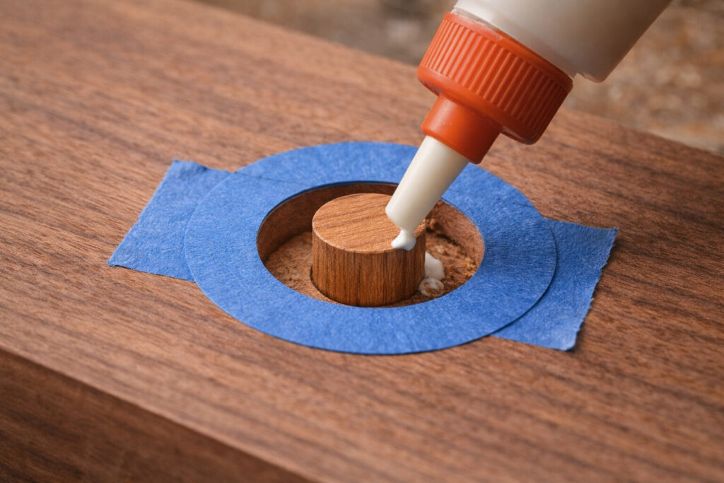 Painter’s tape ring around a plug hole catching glue squeeze-out for a clean surface before trimming and sanding.